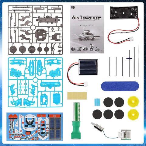 Complete parts of Solar Robot Kit For Kids Six In One Science Toys with 120 pcs, including panels, gears, and components