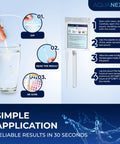 18 Parameters Drinking Water Test Strips Kit With 125 Strips Across 5 Packs Of 25 And 2 Coliform Bacteria Tests pH Strips Hardness Strips DIY Home Water Quality Tester For Safe Drinking Water in use, showing dipping and reading process in a glass.