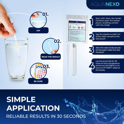 18 Parameters Drinking Water Test Strips Kit With 125 Strips Across 5 Packs Of 25 And 2 Coliform Bacteria Tests pH Strips Hardness Strips DIY Home Water Quality Tester For Safe Drinking Water in use, showing dipping and reading process in a glass.