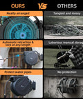 Comparison of Heavy Duty Retractable Garden Hose Reel Workhorse Five Eighth Inch By One Hundred Feet, Wall Mounted vs regular storage