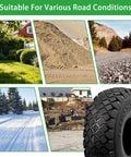 Collage showing various terrains suitable for Rugged 4.10/3.50-4 Tire With Inner Tube And Bent Valve Stem Universal Replacement use