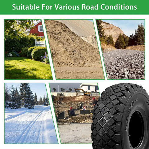 Collage showing various terrains suitable for Rugged 4.10/3.50-4 Tire With Inner Tube And Bent Valve Stem Universal Replacement use
