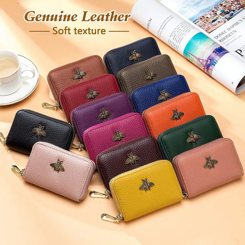 Colorful RFID Blocking Leather Card Holder For Women Tiny Zipper Wallet With Bee Accent on display.