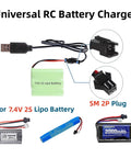 Universal RC Battery Charger Cable with SM 2 Pin Plug for 7.4V 2S LiPo Batteries shown with connector details and batteries