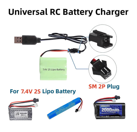 Universal RC Battery Charger Cable with SM 2 Pin Plug for 7.4V 2S LiPo Batteries shown with connector details and batteries