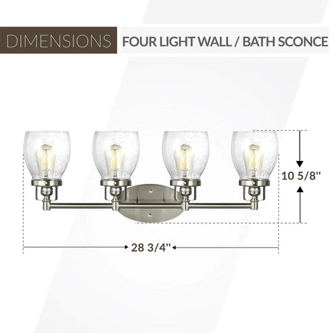 Belton Four Light Wall Bath Vanity Light Fixture with Brushed Nickel Finish, Clear Seeded Glass Shades, dimensions shown