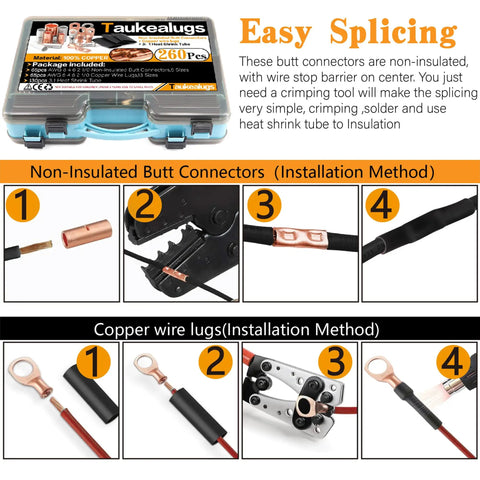 All In One Battery Terminal Kit With 260 Pcs AWG 8 To AWG 1 0 Bare Copper Ring Terminals Non Insulated Butt Connectors guide