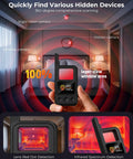 Hand holding Hidden Camera Detector With LED Screen And Anti Spy Wireless Scanner in a bedroom, detecting cameras with red light mode.