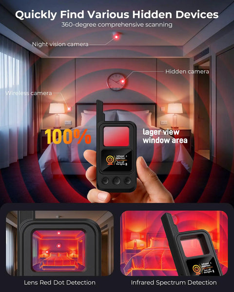 Hand holding Hidden Camera Detector With LED Screen And Anti Spy Wireless Scanner in a bedroom, detecting cameras with red light mode.