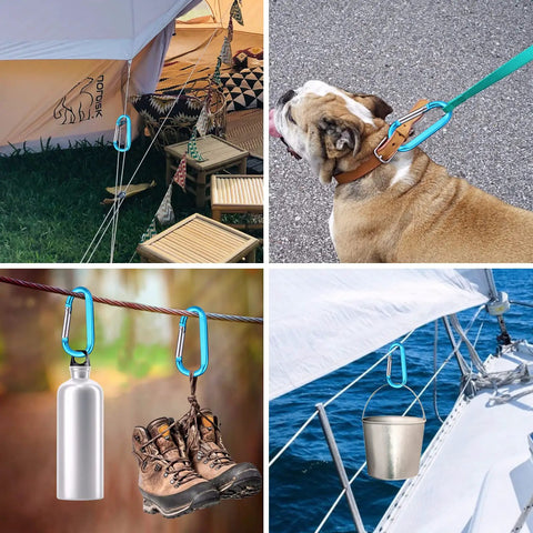 Four images showing Six Pack 3 Inch Aluminum Carabiner Clips D Ring Keychain Hooks used with tents, dog leashes, boats, and gear