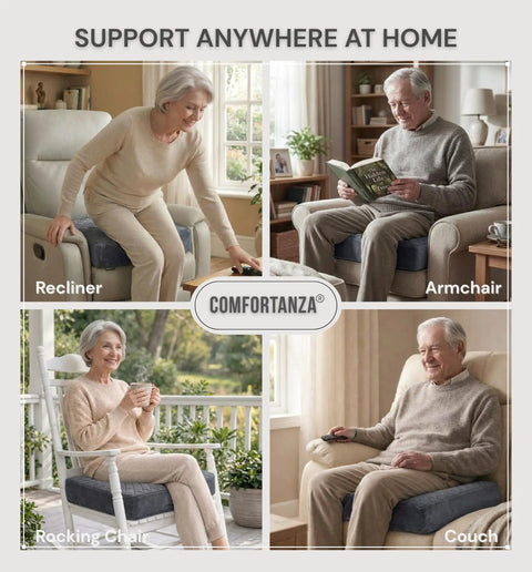 Comfy Memory Foam Armchair Pad For Recliners 22 By 22 By 5 Inches With Washable Velvety Cover Waterproof Layer And Non Slip Base, seniors reading and sitting on gray cushion.