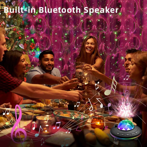 Star Projector Galaxy Night Light With Ocean Wave Led Lamp Remote Control Color Changing Music Speaker Timer For Baby Kids Adults Bedroom Decoration Birthday Party illuminating a holiday dinner scene.