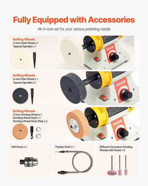 Beefy 8 Inch Bench Buffer Polisher With 370W Copper Motor And 3450 RPM showing accessories and cotton wheels