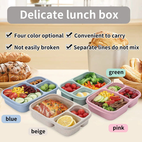 4 Pack Bento Lunch Box Set With Three Compartment Meal Prep Containers in blue, beige, green, pink with food items