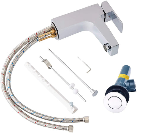 Single Handle Modern Bathroom Faucet In Polished Chrome With Brass Body And Zinc Alloy Handle, No-Fuss 1 Hole Mount, Ceramic Disc Cartridge, Includes Two 23 5 8 Inch Braided Stainless Steel Supply Hoses, Deck Plate Not Included For 3 Hole Install