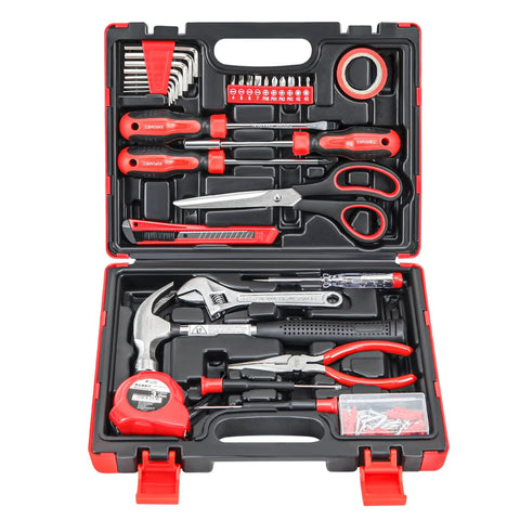 32 Piece Home Repair Tool Set For DIY Projects And Everyday Fixes Includes Wrenches, Screwdrivers, Pliers, Hammer in a red-black case