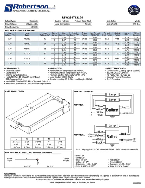 Technical sheet for Electronic Fluorescent Ballast For 1 Or 2 T8 Lamps 25W-32W And T12 Lamps 25W-40W, 120V, Preheat Rapid Start