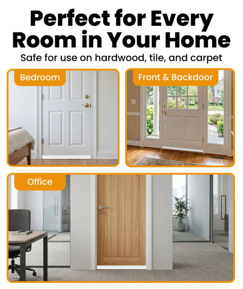 Heavy Duty Door Draft Stopper Seal 2 Pack DIY Door Sweep Bottom Blocker shown in bedroom, office, and front door settings.