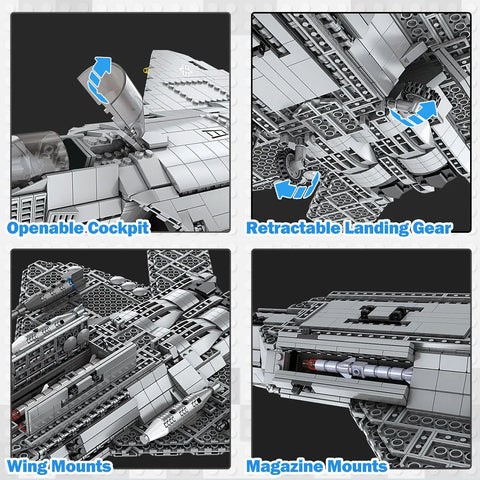 F-22 Raptor Fighter Jet Building Block Set with openable cockpit, retractable landing gear, wing, and magazine mounts