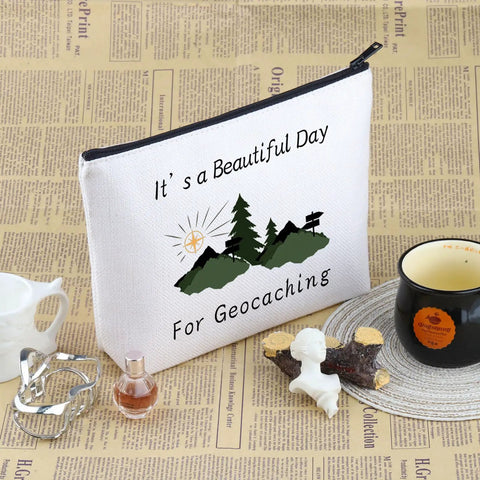 Geocaching Makeup Bag For Outdoor Lovers It Is A Beautiful Day For Geocaching Gift Beige Durable Canvas Zip Bag