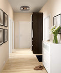 Cooper 18 Inch Farmhouse Flush Mount Ceiling Light With Walnut Wood Finish And Textured Black Metal Cage in modern hallway