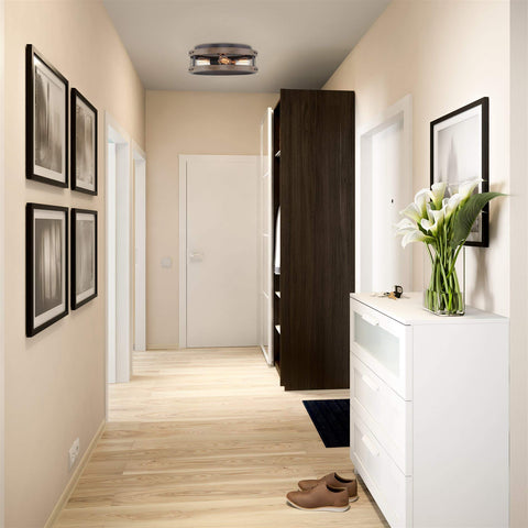 Cooper 18 Inch Farmhouse Flush Mount Ceiling Light With Walnut Wood Finish And Textured Black Metal Cage in modern hallway