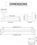 Dimensions for Six Piece Brushed Gun Metal Bathroom Hardware Set with 18 Inch Towel Bar, Robe Hook, and SUS 304 Stainless Steel design.