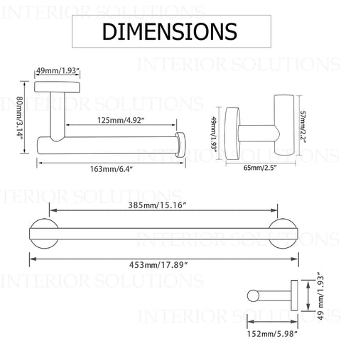 Dimensions for Six Piece Brushed Gun Metal Bathroom Hardware Set with 18 Inch Towel Bar, Robe Hook, and SUS 304 Stainless Steel design.