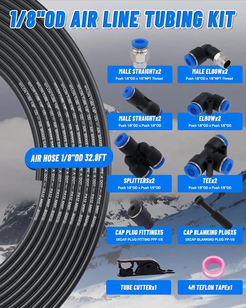 All In One 1/8 Inch Air Line Tubing Kit With 32.8 Ft 10 M PA Nylon Air Hose Cutter Teflon Tape And Push To Connect Fittings