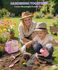 Mother and child using 8 Piece Kids Gardening Set With Real Metal Tools Metal Basket And Tote Gloves Watering Can Shovels Rake