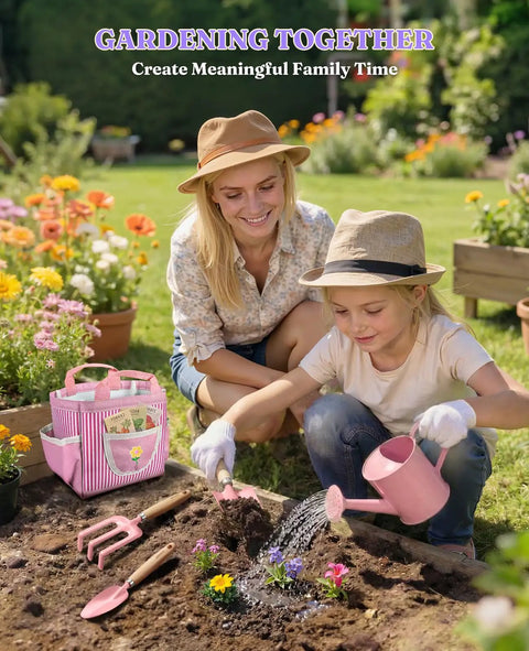 Mother and child using 8 Piece Kids Gardening Set With Real Metal Tools Metal Basket And Tote Gloves Watering Can Shovels Rake