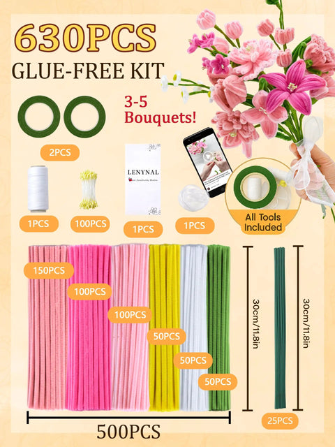 500 Pieces Pastel Pipe Cleaners Flower Kit For Flower Making Pink White Green Yellow 6 Color Chenille Stems Glue Free Kit
