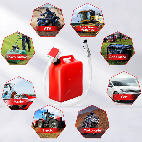 FEEDRON portable fuel transfer pump with 51-inch hose and red plastic canister; battery or USB powered.