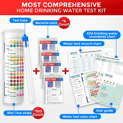 No Sweat 17 In 1 Drinking Water Testing Kit With 100 Strips Plus Four Bacteria Checks for home water monitoring components.