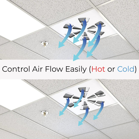 Square 24x24 Office Vent Cover 4 Pack, Adjustable Ceiling Air Deflector For 24x24 Vents, hot and cold airflow illustration