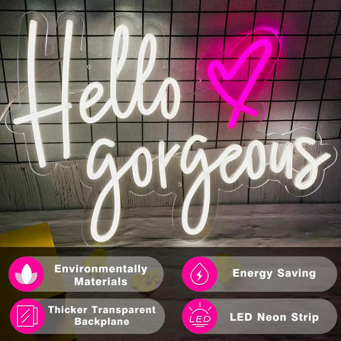 Hello Gorgeous Pink Neon Sign Light For Home Decor And Party Vibes LED Neon Strip Wall Art illuminating on grid background