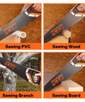 Four images of a 20 Inch Black Coated Pro Grade Hand Saw With Ergonomic Non Slip Aluminum Handle For Precise 11 TPI Fine Cut in use on PVC, wood, branches, and boards.