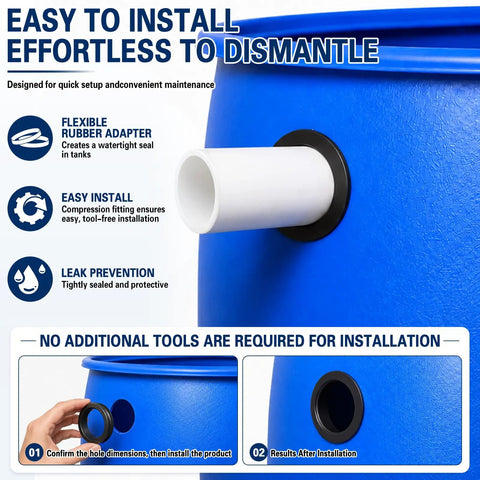 Easy install Flexible Rubber Tank Bulkhead Adapters For Sealing, 1-1/4 Inch Fit on blue tank with PVC pipe insertion