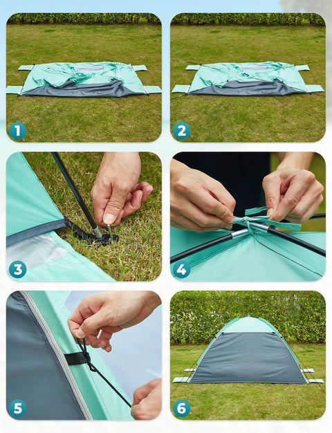 Setup steps for Beach Day Ready Sun Shelter For Three People With UPF Fifty Plus UV Protection Lightweight Easy Setup Shade Canopy.