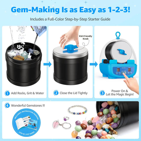 Kid Friendly Rock Tumbler Kit With Dual Noise Reduction, Timer, Three Speeds, And Memory Function process overview