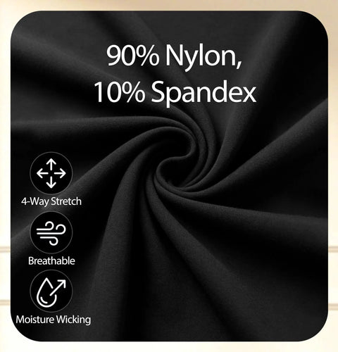 Close-up of black fabric with 90% nylon, 10% spandex for Back Zip Turtleneck Ballet Leotard for Women, showing 4-way stretch and breathability.