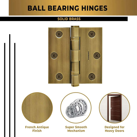 Beefy Heavy Duty Ball Bearing Door Hinge Set Solid Brass 3x3 Inch 12 Pack shown with French antique finish and smooth mechanism.