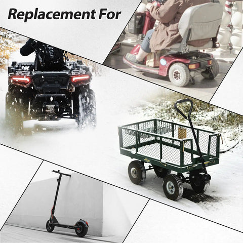 Collage showing uses for 3.00-4 Tire And Inner Tube With TR87 Bent Valve For Pocket Rocket E300 E300S E325 and more