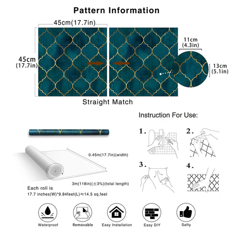 Pattern details of Geometric Trellis Peel And Stick Wallpaper Emerald Sapphire Blue And Bronze Textured Matte Finish.
