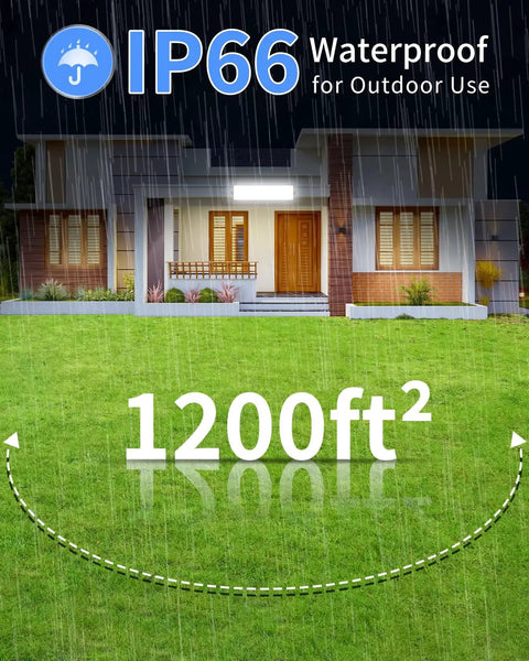 Crazy Bright 100W LED Shop Light Delivers 11000 Lumens Of Daylight 6000K shown illuminating a house exterior, IP66 waterproof, 1200 square feet area