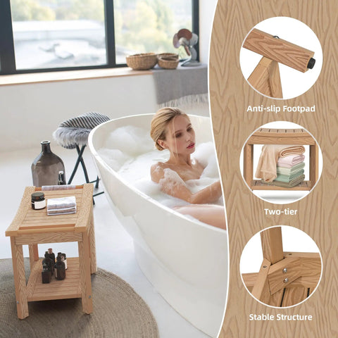 Non Slip Shower Bench With Handles And Storage Shelf Water Resistant Bath Stool For Bathroom 24 Inch By 13 Inch Black Sloped Top Seat