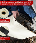 Person securing Cold Weather Backflow Insulation Cover for Outdoor Sprinklers, 40x40 Inches, with Velcro and brass grommets