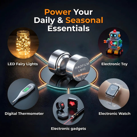 Rock Solid Lr41 Button Cell Batteries 10 Pack Alkaline Power Cells Compatible Ag3 392 384 Sr41 displayed with gadgets and toys.