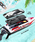 18 Inch Brushless RC Boat For Adults And Kids, Blazing 55 KPH Speed, interior view with battery and hull dimensions.
