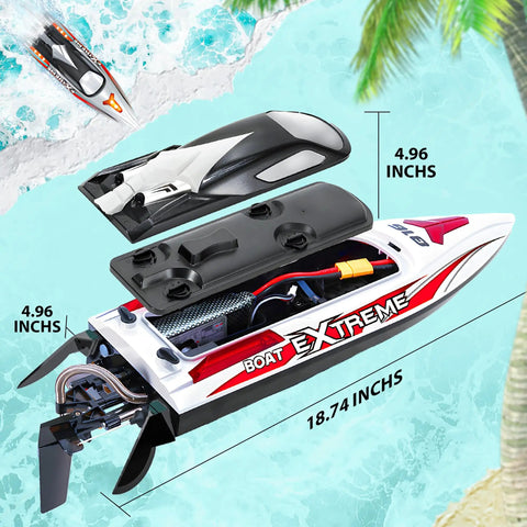 18 Inch Brushless RC Boat For Adults And Kids, Blazing 55 KPH Speed, interior view with battery and hull dimensions.